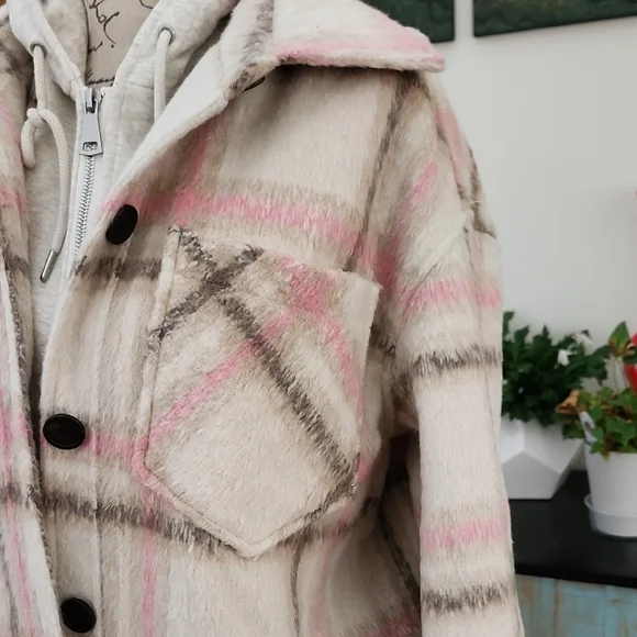 NEW - 7 FOR ALL MANKIND Pink & Cream Plaid Shacket Duster Coat - Picture 3 of 13
